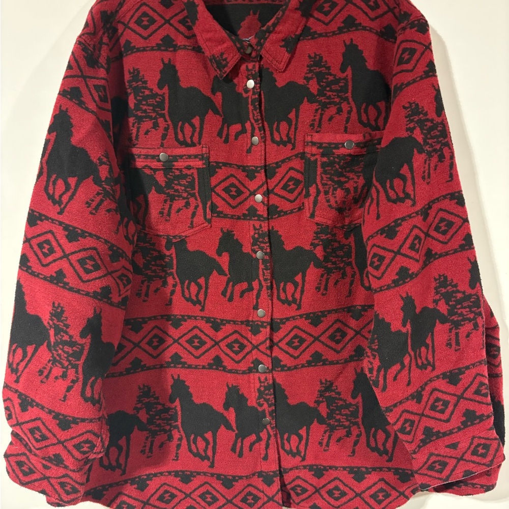 Bit & Bridle Red and Black Horse Print light jacket or top XXL